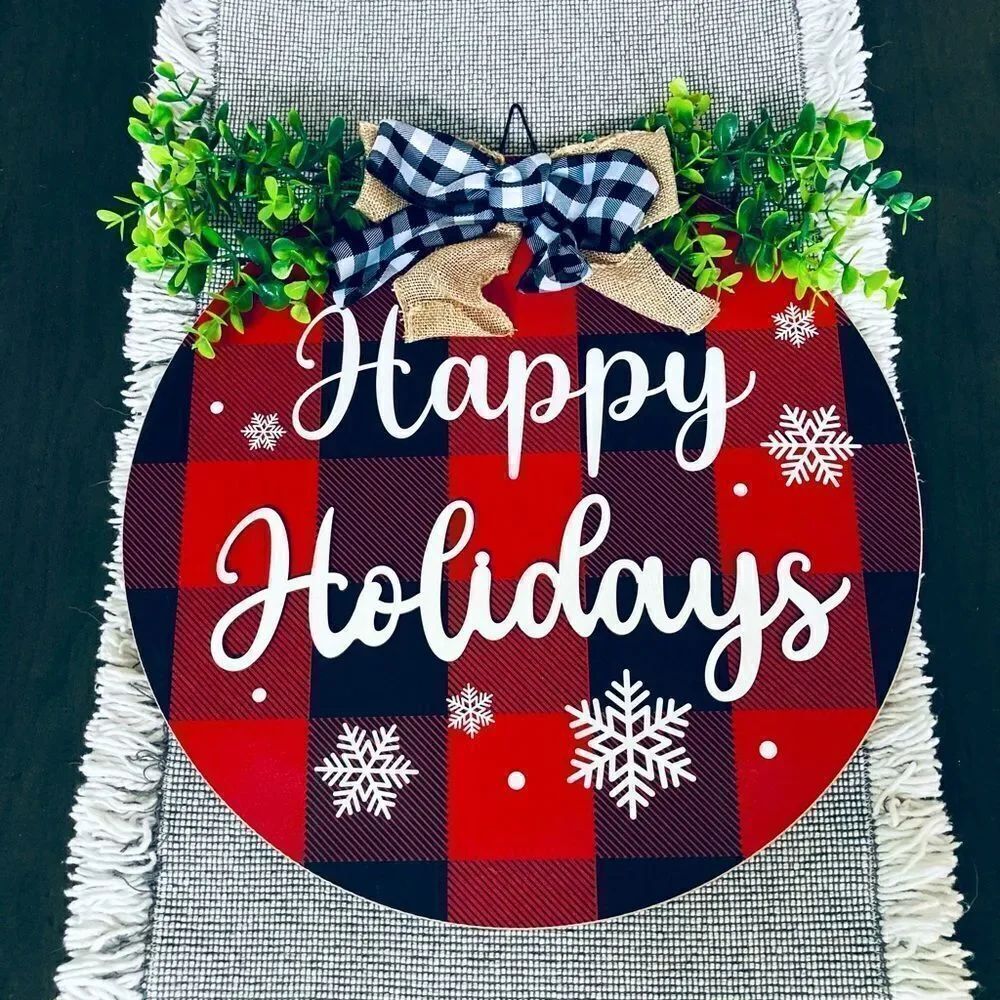 Happy Holidays Farmhouse Red Plaid Wall Decor Sign